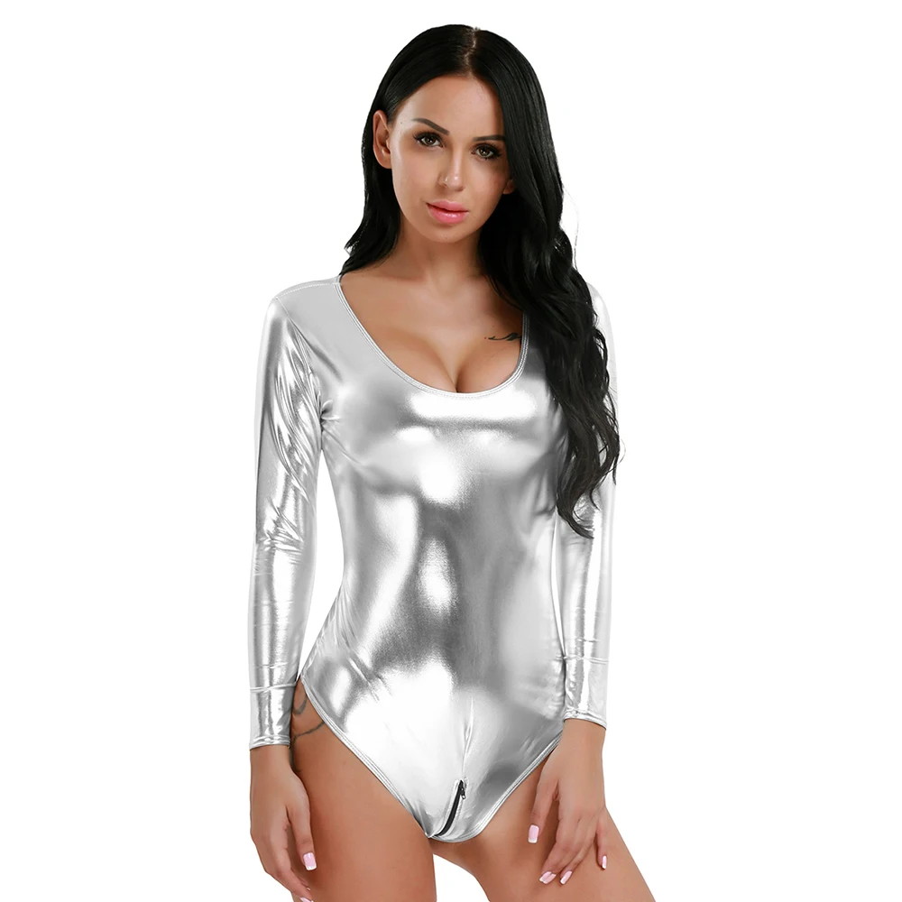 iEFiEL Sexy Womens Wetlook Bodycon Patent Leather Leotard Bodysuit with Zipper Crotch High Cut Dancewear for Nightclub Parties white bodysuit
