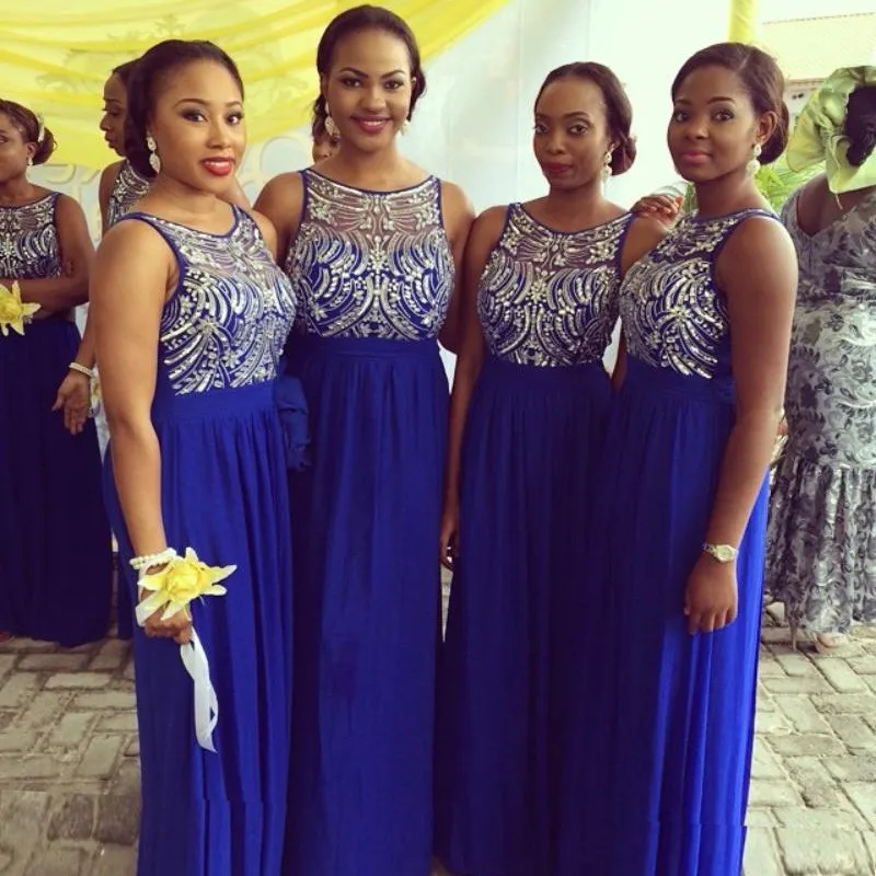 Высокое качество пользовательские 2019 новые кружевные хрустальные вспышки линии Королевский синий африканские платья для подружек
