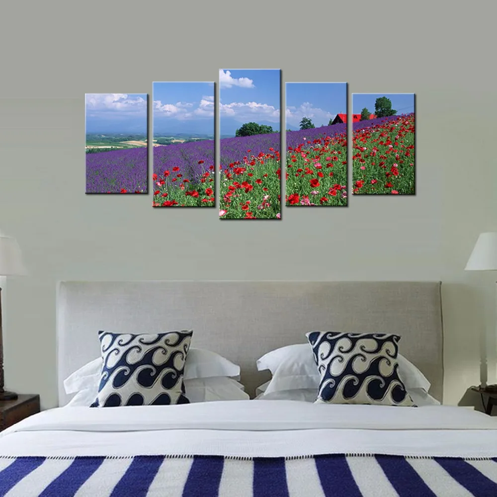 

Modern Lavender and Red Poppies Artwork HD Landscape Art Set Abstract Flowers Scenery Pictures to Photo Painting on Canvas