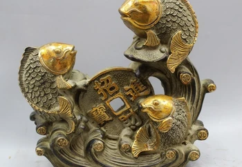 

10" Chinese Bronze Wealth Money 3 Fish Barracuda Fishes Goldfish Animal Statue