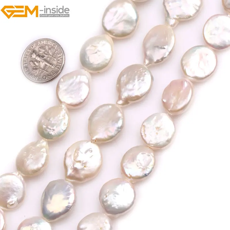 

Gem-inside Natural White Coin Freshwater Cultured Luster Pearls Beads for Jewelry Making 15'' 15x18mm DIY Jewellery