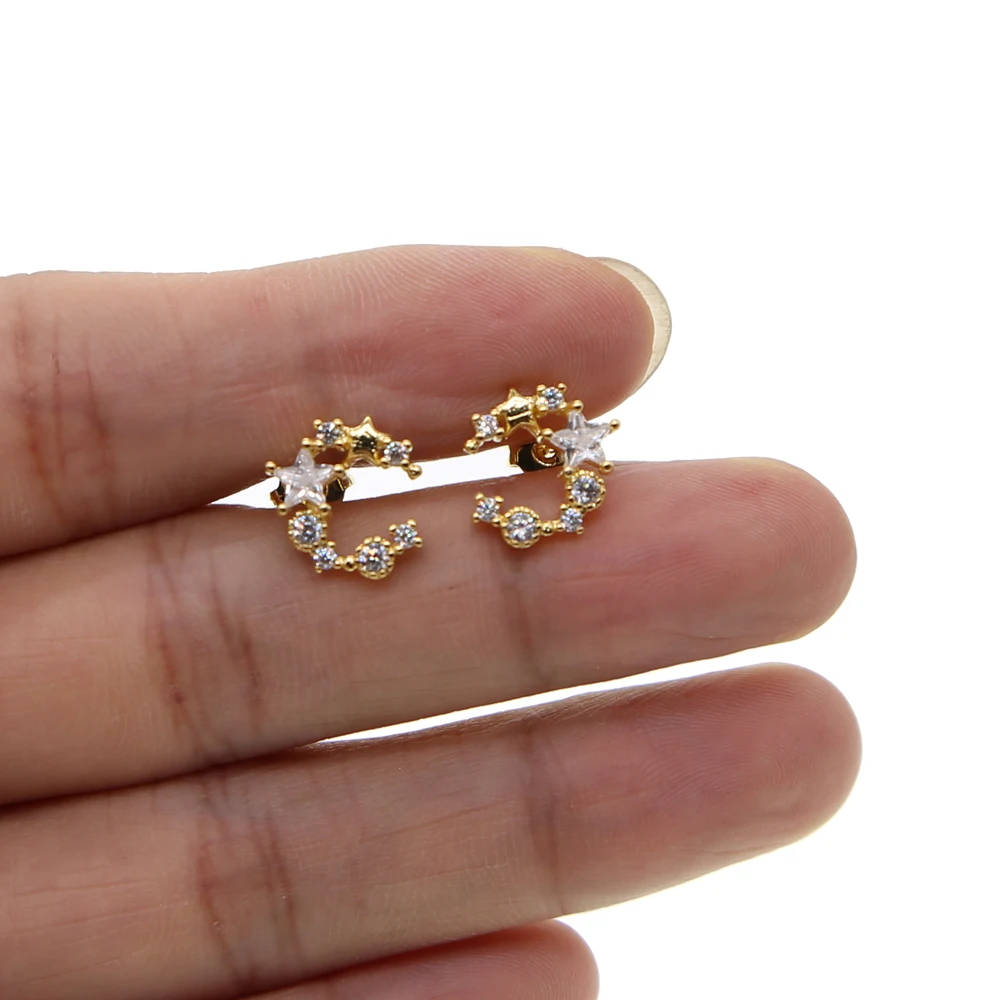 

moon and star stud earring for girl christmas gift gold filled AAA round star shaped cubic zirconia gorgeous girl earrings cheap