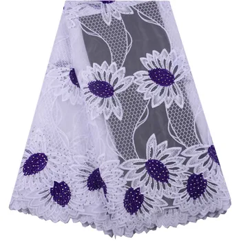 

2018 Newest Fashion Milk Silk Material African Stones Lace Fabric Purple+White Nigerian Gupure Lace Fabric For Women Dress 1437
