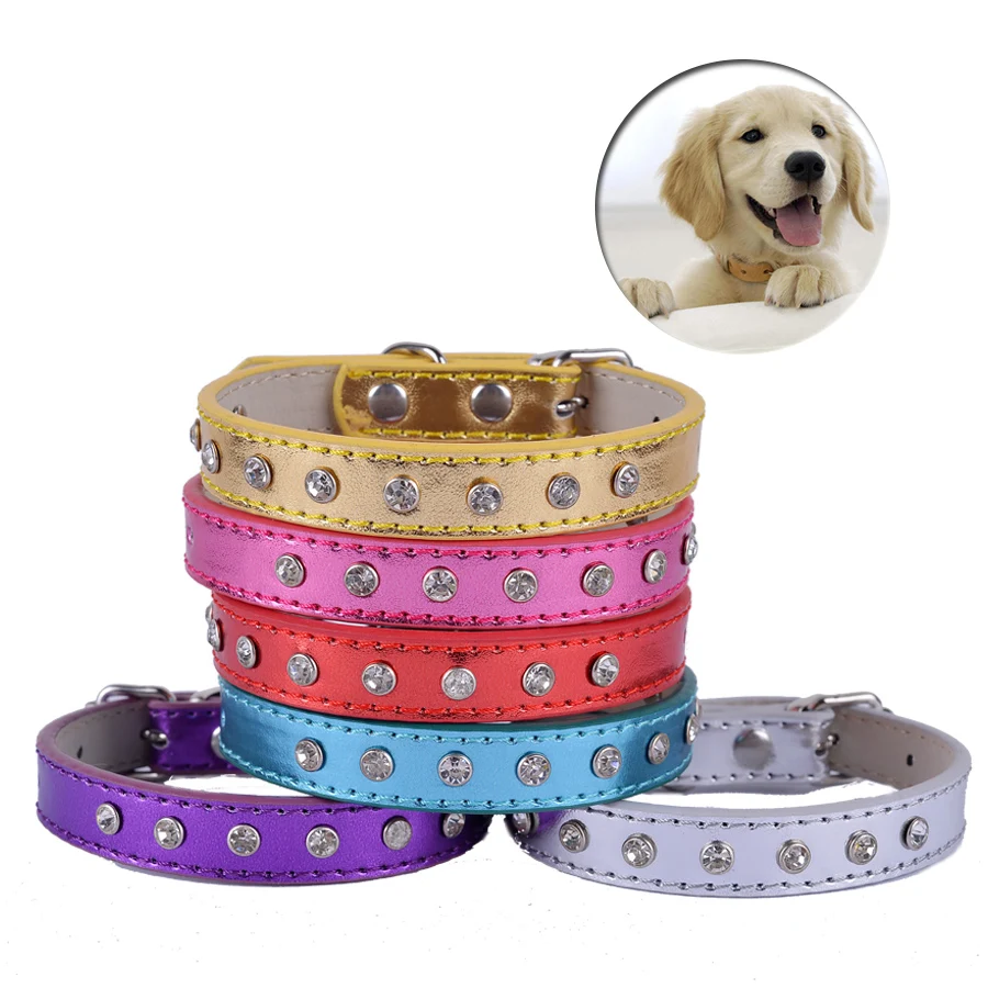 

Bling Crystal Rhinestones Dog Collar Adjustable Buckle PU Leather Studded Pet Puppy Collars For Small Dogs Size S