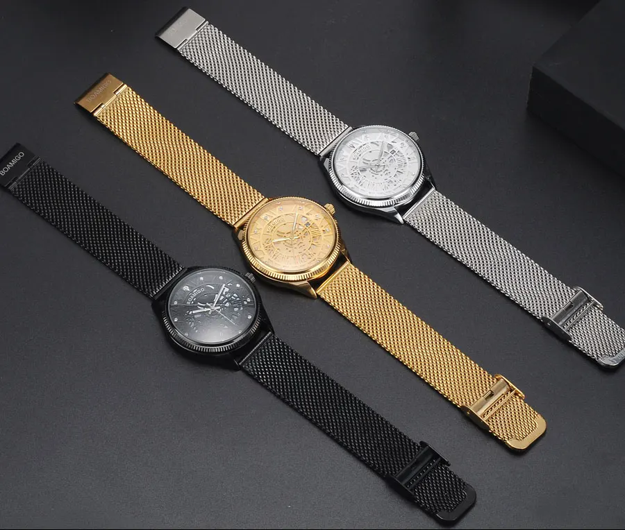 BOAMIGO Brand Mesh Steel Band Watches Mens Black Quartz Watch Fashion Skeleton Male Simple Wristwatch Auto Date Waterproof Clock (23)