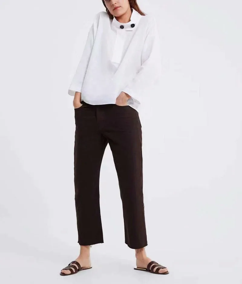 المرأة زائد حجم الكتان بلوزة الربيع الأبيض مضيئة كم زر قميص الإناث فضفاض عارضة حامل طوق Preppy نمط قمم ZA9188