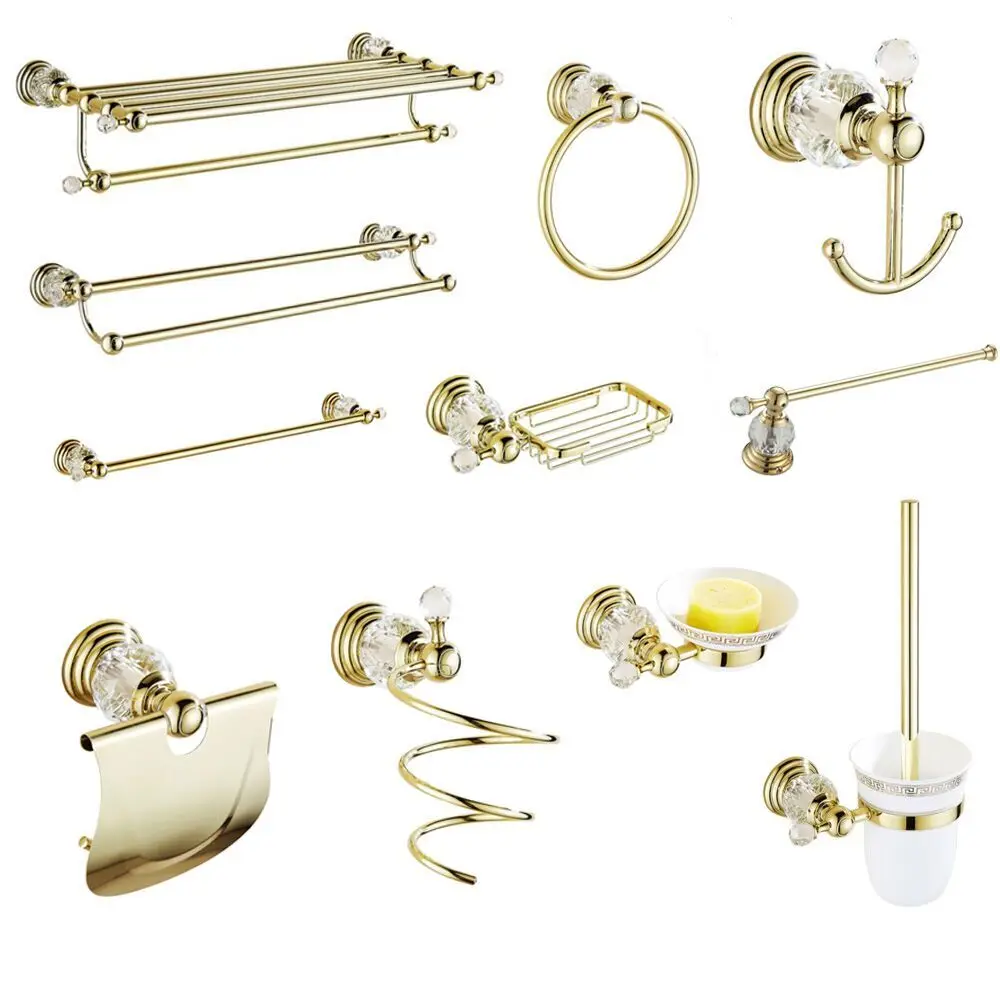 Gold Crystal Bathroom Hardware Gold Polished Solid Brass Bathroom