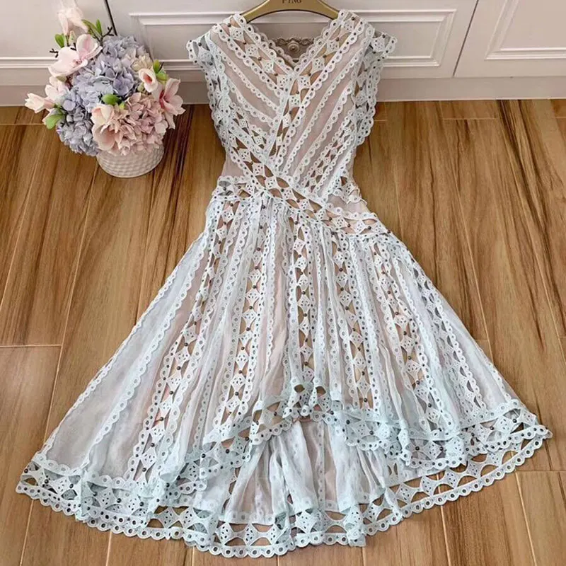 

Red RoosaRosee Summer 2019 Sexy V Neck Floral Hollow-out Rivet Holiday Dress Women Asymmetrical Party Dresses Vestido Robe Femme
