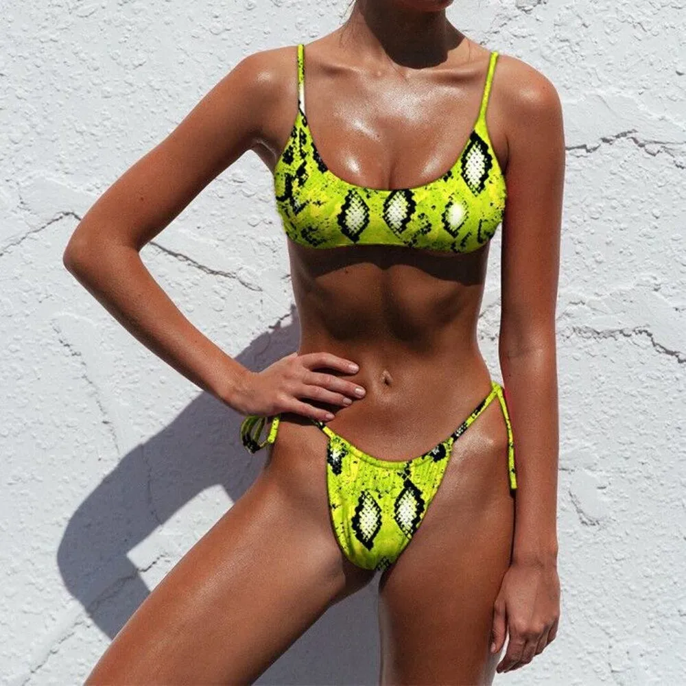 

Sexy Snake Swimwear Women Swimsuit 2019 Leopard Brazilian Bikini Set Push Up Bathing Swim Suit Female Summer Neon Green Biquini