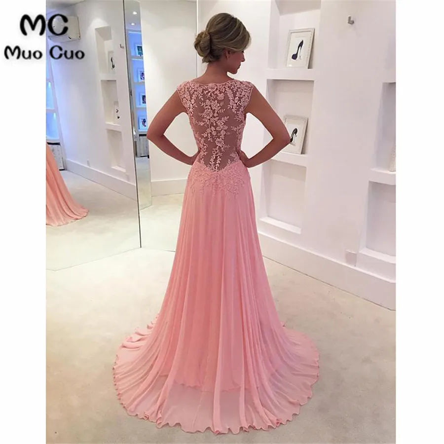 Deep V-neck Chiffon Prom Long Dresses Lace Appliques Back Evening Gowns4