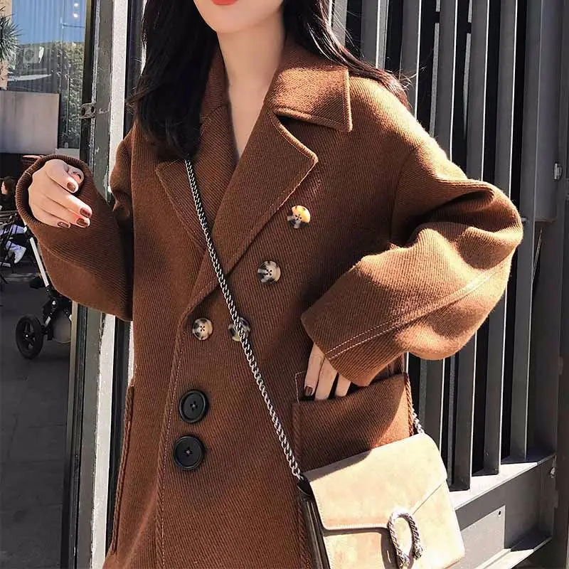 Élégant Mince 2018 Manteau Grand Army Green Hiver V caramel Survêtement Mélanges Avec Dy1 Poches Finition Laine Col Femelle Colour Plein Casual Vestes Manches 5Zw6q