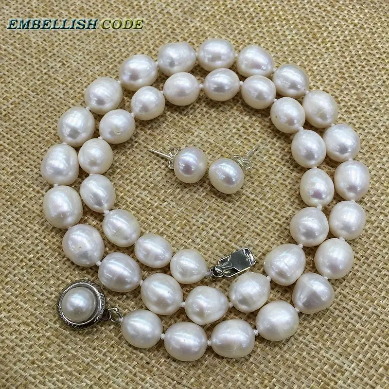 New 9-10MM White Freshwater Cultured Pearl Necklace Bracelet Earrings Set 