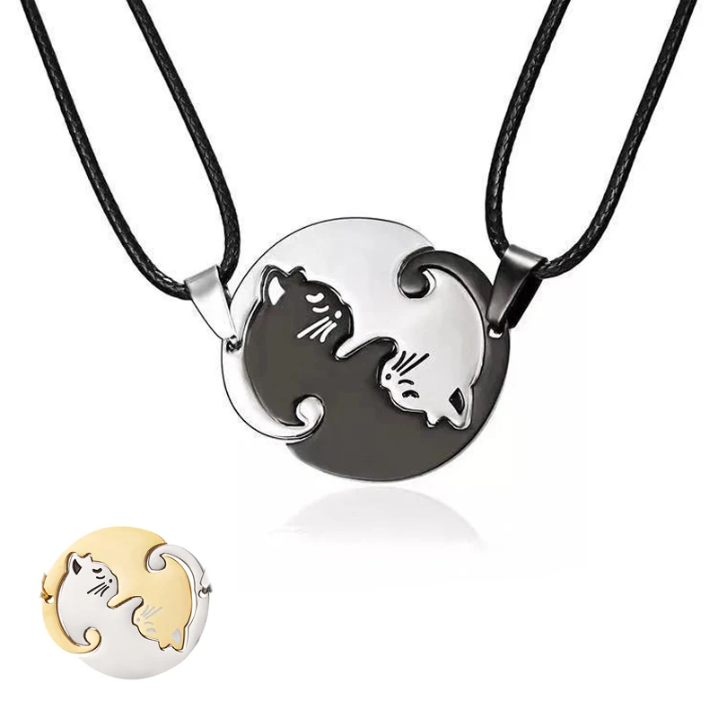 

Lovers Couple Necklace White Black Cat Animal Stainless Steel Pendant Necklace Leather Long Chain Women Men Charm Jewelry Gifts
