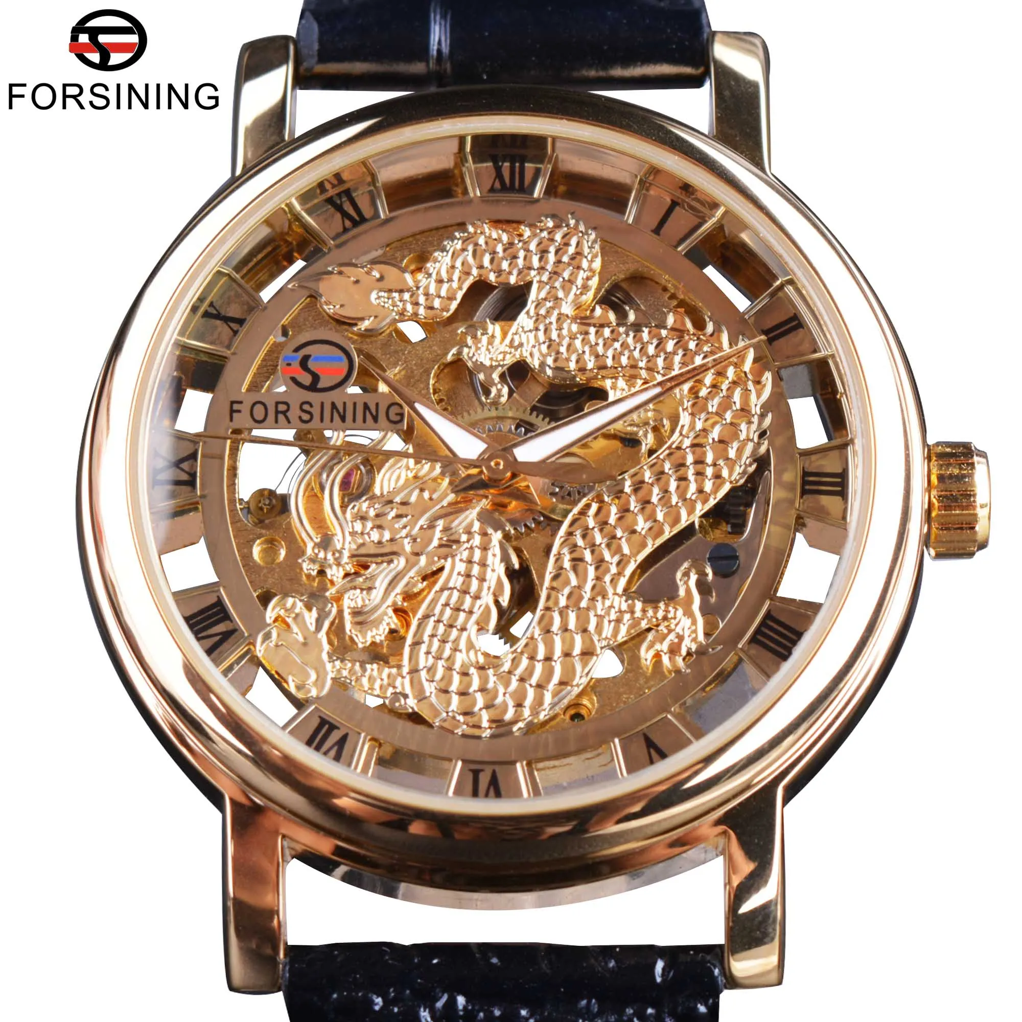 Forsining Chiński Smok Szkielet Projekt Przezroczysty Case Mechaniczne Mężczyzna Zegarek Złoty Zegarek Męskie Zegarki Top Marka Luksusowe
