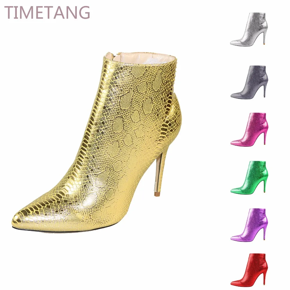 

TIMETANG BRAND NEW design Sexy Pointed toe snakeskin Stiletto High heel Women Ankel boots Free shipping 34-43 Fashion womenboot