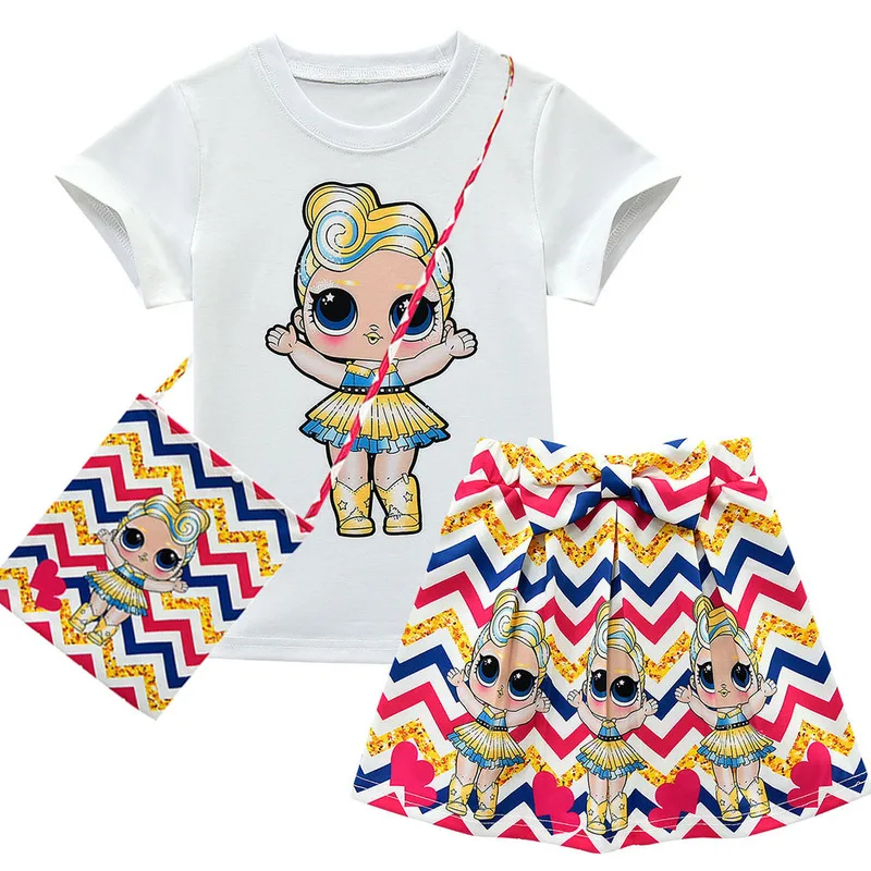 

Baby Girls Clothes Sets 2019 Summer Lol Doll Short Sleeve Top+Bow Cartoon Print Skirt+Bag 4-piece Kids Children's Clothing Sets