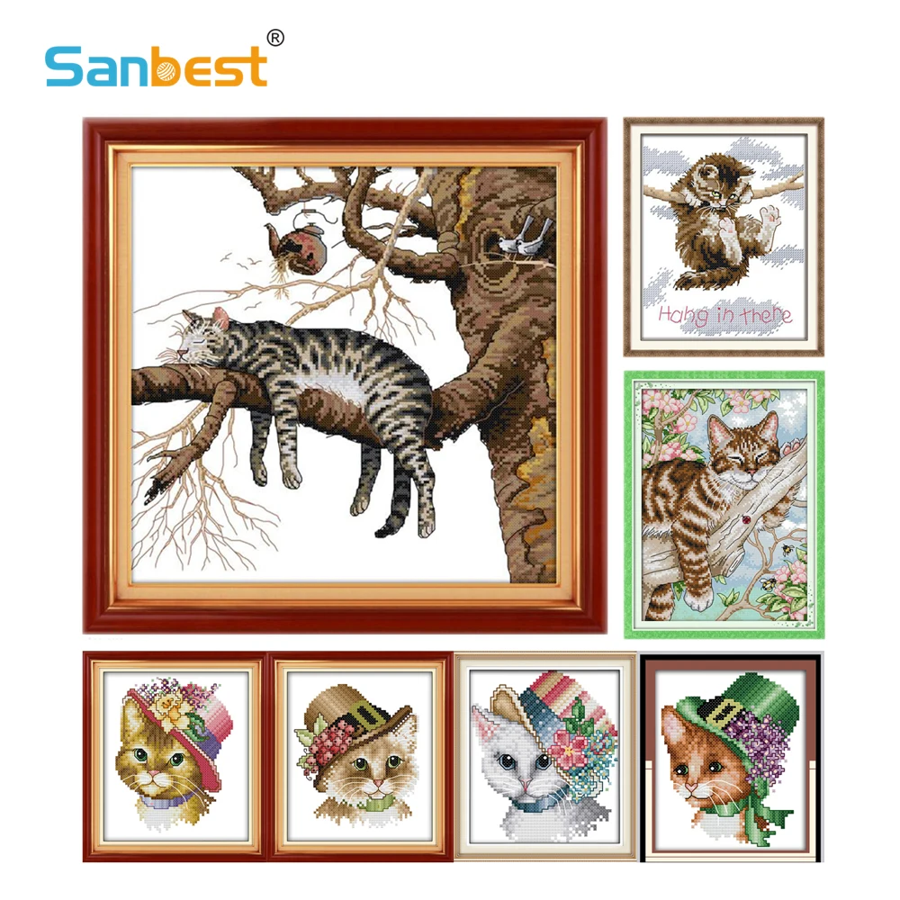 

Sanbest Embroidery Cross Stitch Kits Cotton Thread Lovely Lazy Cat Patterns Painting Living Room Decoration CT00016