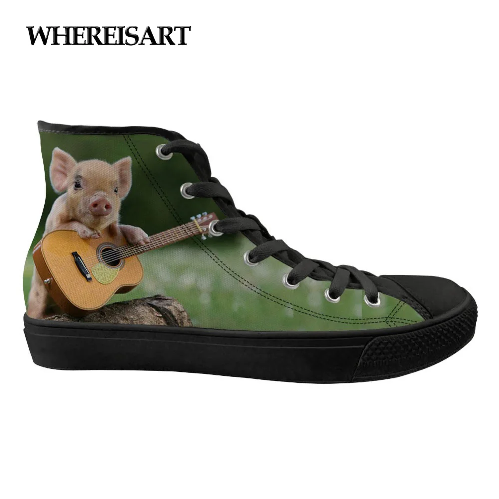 

WHEREISART Funny Animal Pig Pattern High Top Women Sneakers Flats Canvas Spring Comfortable Ladies Lace Up Shoes Woman Zapatos