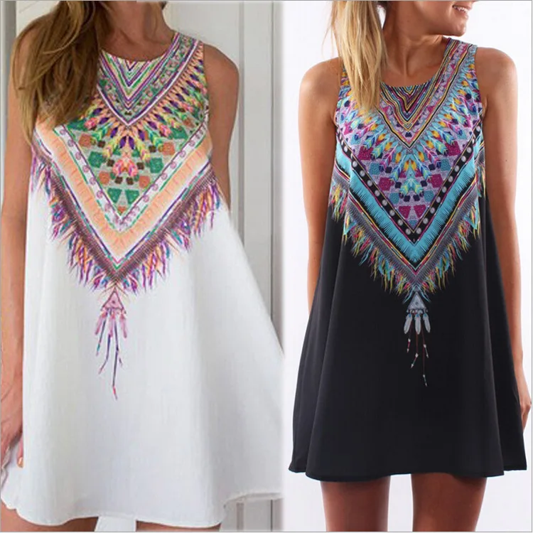 

High Quality 2016 Summer India Ethnic Women Dresses Loose Sleeveless Flowers Printed Mini Dress Vintage Hippie Boho Beachwear