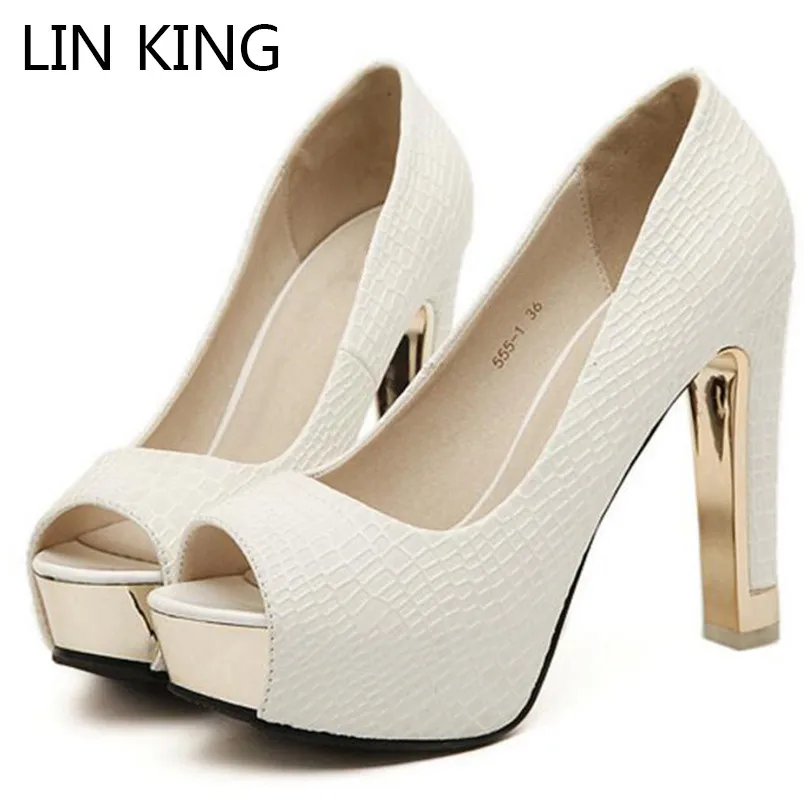 LIN KING Fashion Slip On Women Pumps Platform High Heels Shoes Lady Peep Toe Square Heel Dress Shoes Sexy Wedding Bridal Shoes