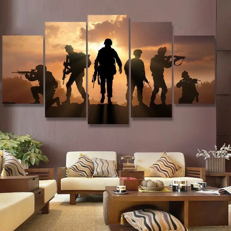 

5 Pieces Canvas Painting Home Decor For Living Room Setting Sun Battlefield Soldiers HD Printed Game Poster Wall Art Pictures