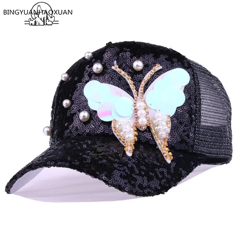 

BINGYUANHAOXUAN Summer Mesh Baseball Cap with Sequins Butterfly Rhinestones Women Snapback Caps Women 5 Panel Sun Casual Hat