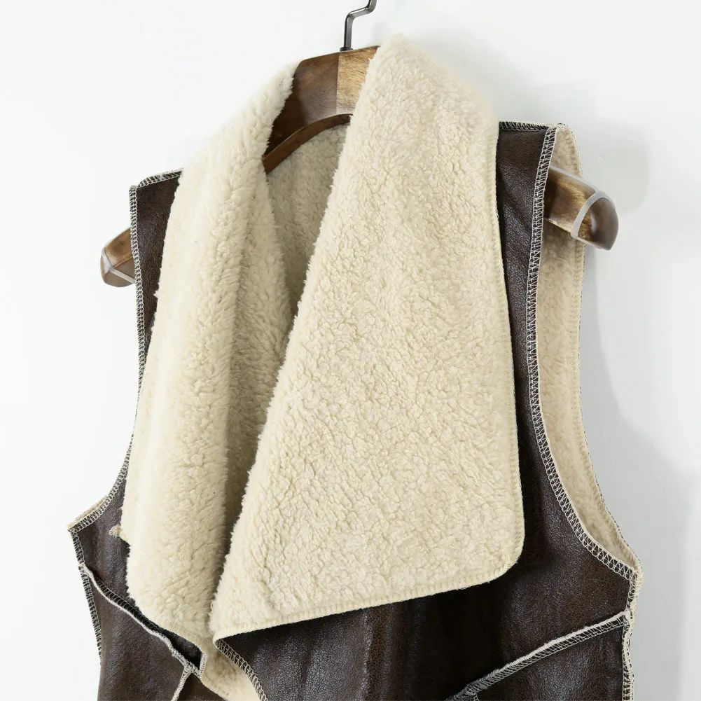 Winter Fashion Fleece Long Vest female Waistcoat Women Vest Coat Suede Faux Fur Vest Lapel Sleeveless Jacket Outerwear Coffee