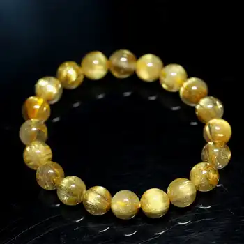 Natural Genuine Arrange Titanium Gold Hair Rutile Quartz Cat\'s Eye Stretch Bracelet Round Beads 10mm