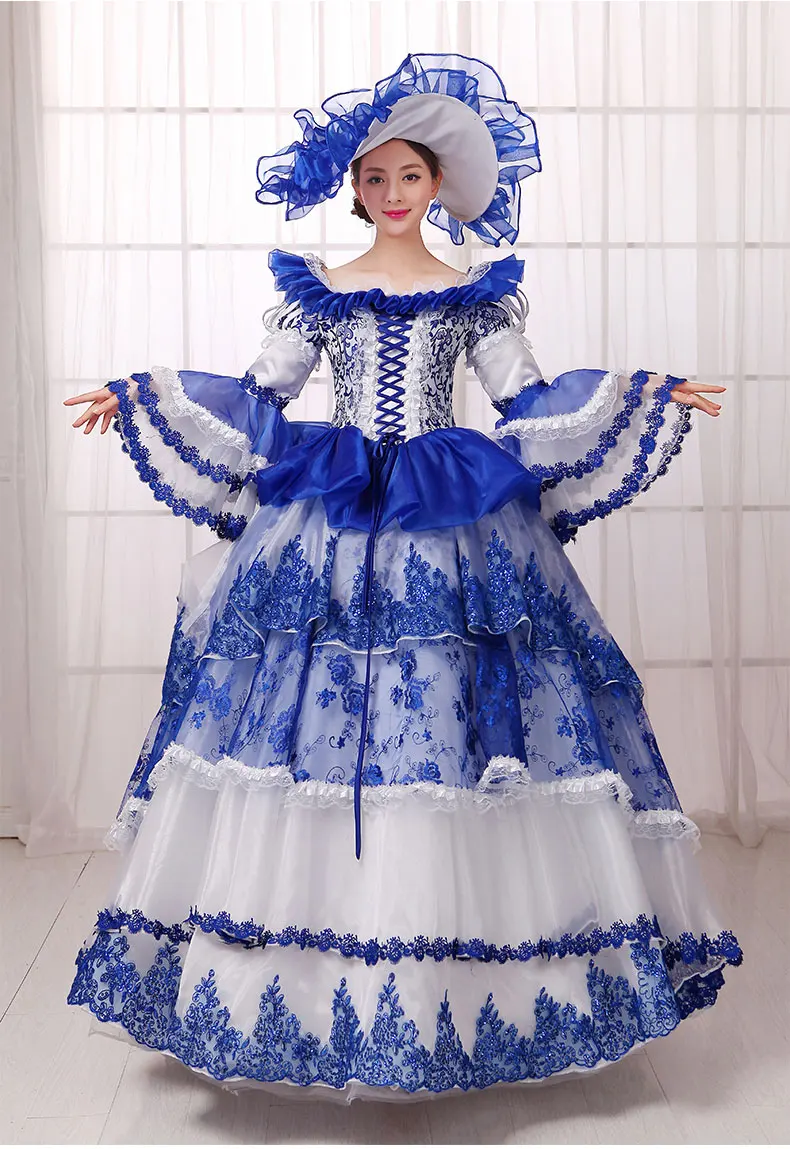 

luxury royal blue&white carnival venice lace gown with hat cosplay medieval dress Renaissance gown queen Victoria Belle Ball