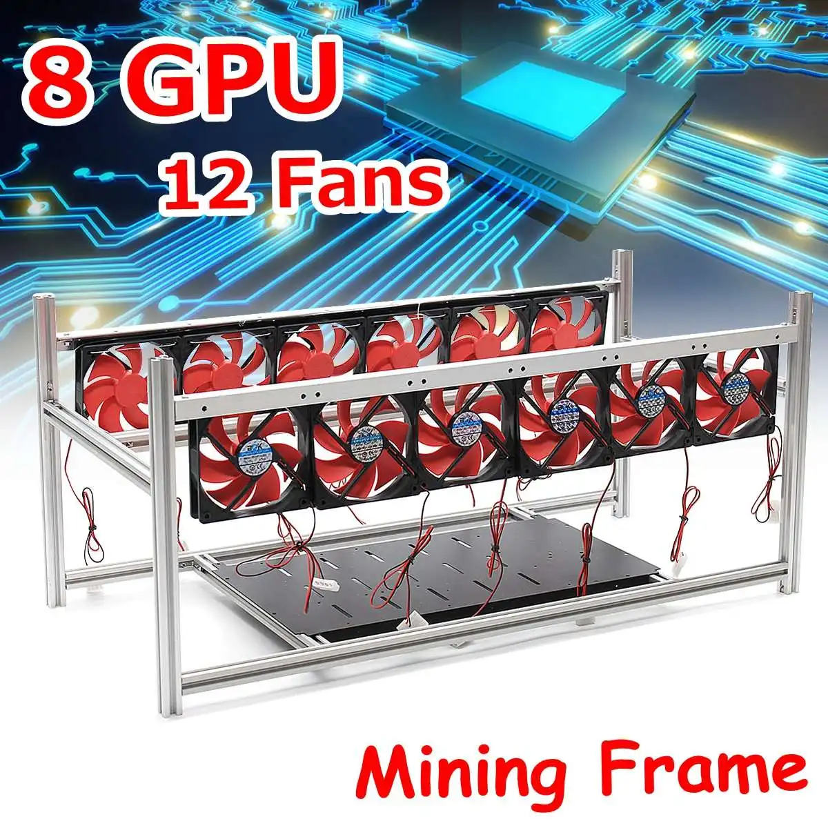 

8 GPU Mining Frame With 12 LED Fans Aluminum Stackable Box Mining Platform Outdoor Frame ETH / ZEC / Bitcoin
