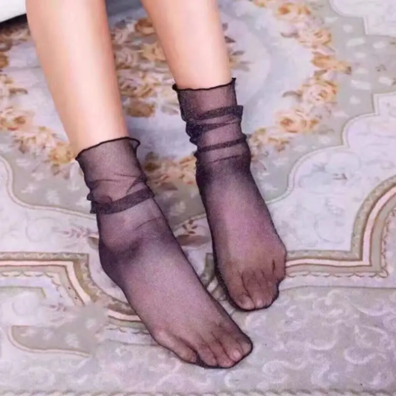 Новинка 2018 очаровательные женские кружевные гофрированные черные носки до щиколотки эластичные ультратонкий чистый тонкий черный принт