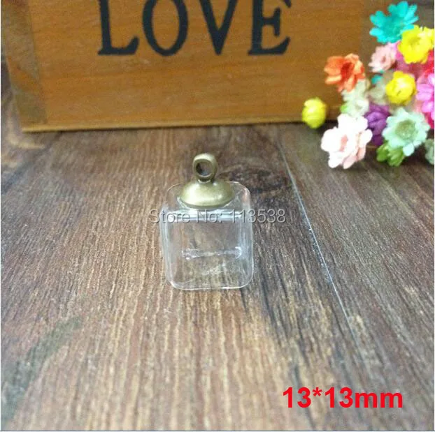 

30sets/lot 13X13mm clear square cube glass globe with 8mm silver/bronze/gold metal cap empty vial pendant diy jewelry findings