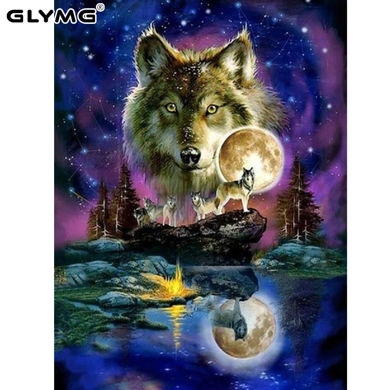 GLymg Diy Diamond Embroidery Moon Wolf Night Sky Diamond Painting Cross Stitch Animal Series Square Drill Bright Rhinestones