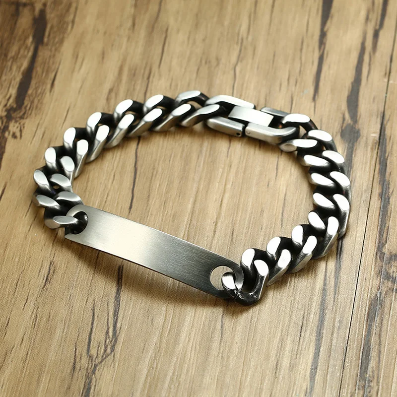 

Men's Vintage Gray Miami Cuban-link ID Tag Bracelet for Men Stainless Steel Industrial Age Style Braslet Male Jewerly 8 Inch