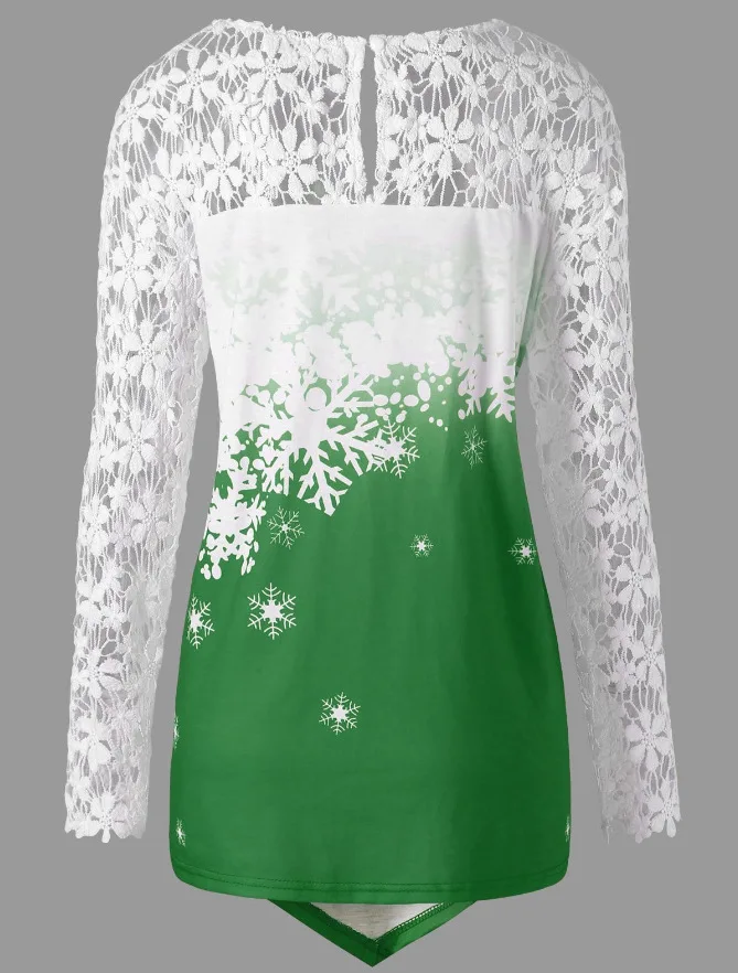 Women Blouses Causal Merry Christmas Santa Snowflake Print Tops Long Sleeve Lace Blouse Shirt SJ318V
