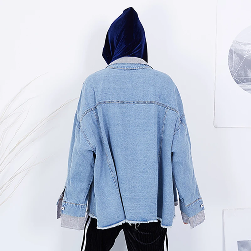 Lâche Automne Denim Dames Patchwork Pièces Faux Femme Mode Blue Manteaux Pardessus Z175 Printemps Veste À Manches Vinatge Longues Rayé Deux qwBAXa5