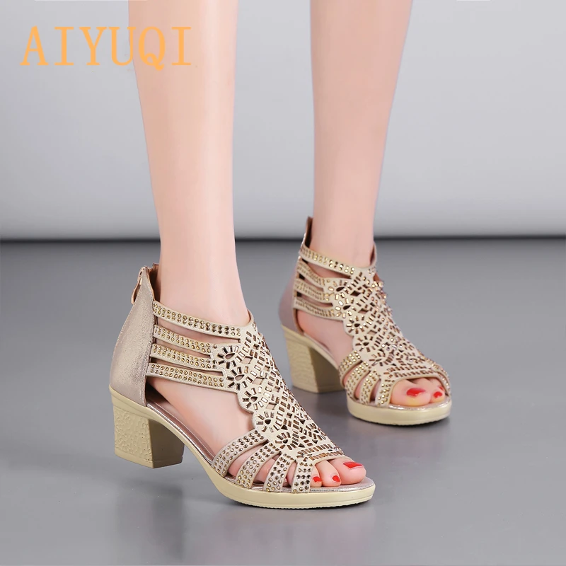 

AIYUQI 2019 new microfiber leather women sandals fish mouth women's sandals diamond hollow fashion summer shoes women