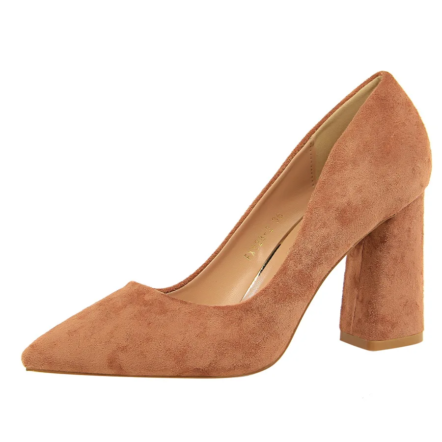 New Arrival Concise Square Heel Office Shoe Women Flock Soft Leather Pointed Pumps Spring Autumn Shallow Ladies High Heels Shoes