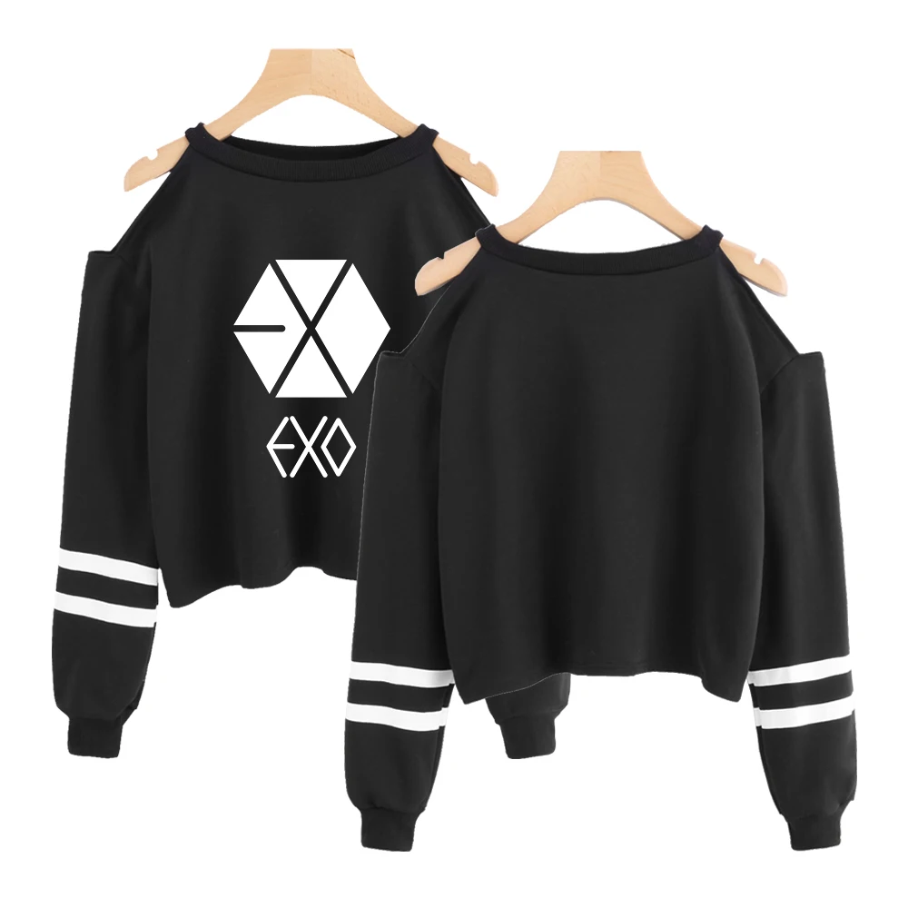 Tanie Exo krótki top kobiety Off Shoulder Crop Hip Hop koreański styl kobiety Kpop letni top z długim rękawem bluza kobiety odzież Streetwear