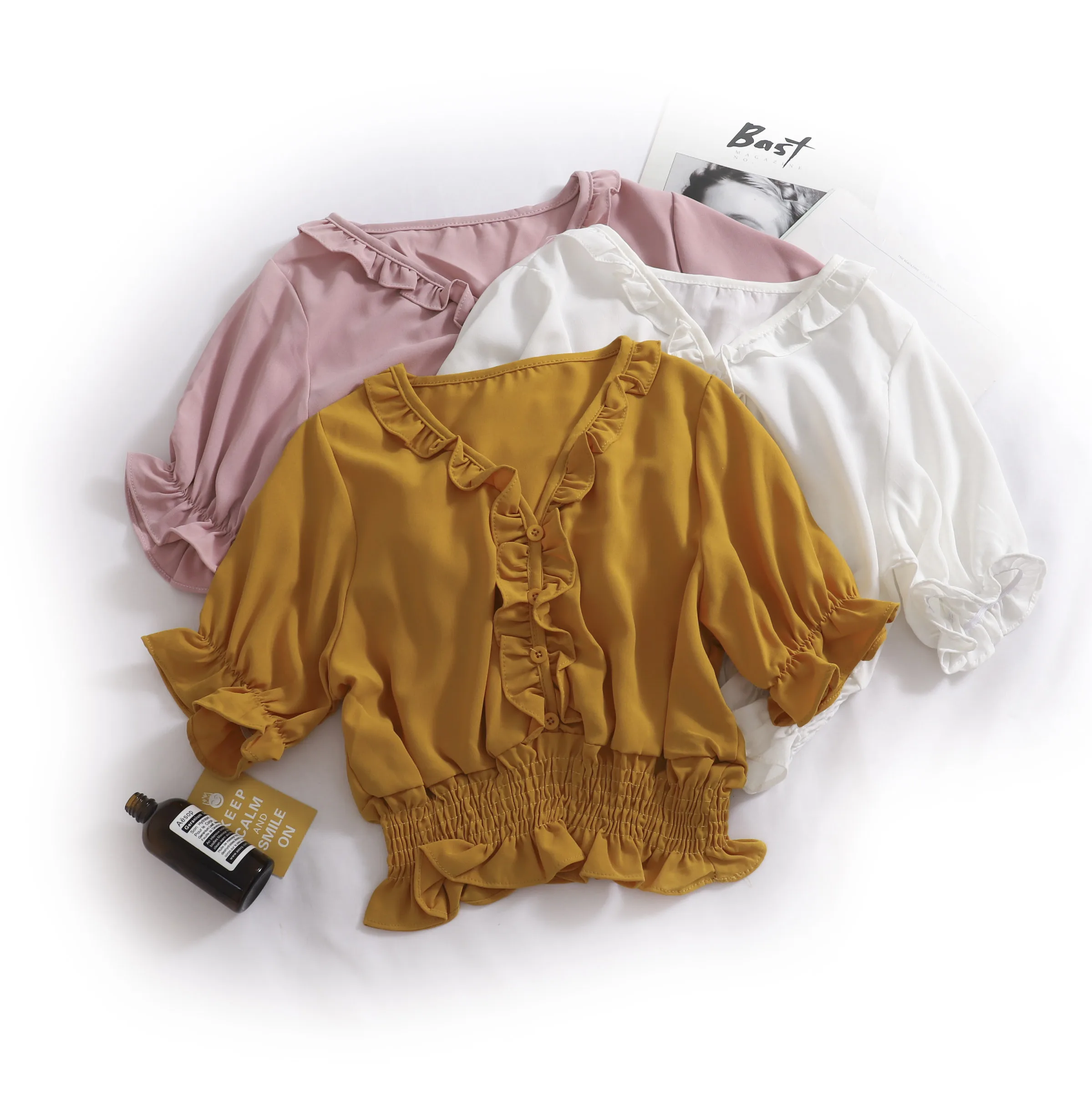 

C041 sweet Korean Office LadyLotus leaf V neck waist Slim short shirt ruffles Super Pretty Shirt Tops