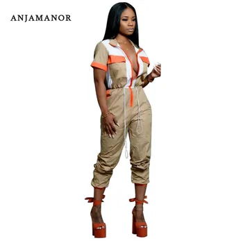 

ANJAMANOR Sexy Jumpsuits for Women 2020 Summer Outfit Fashion Short Sleeve Zipper Pockets Romper Cargo Pants Overalls D35-AE86