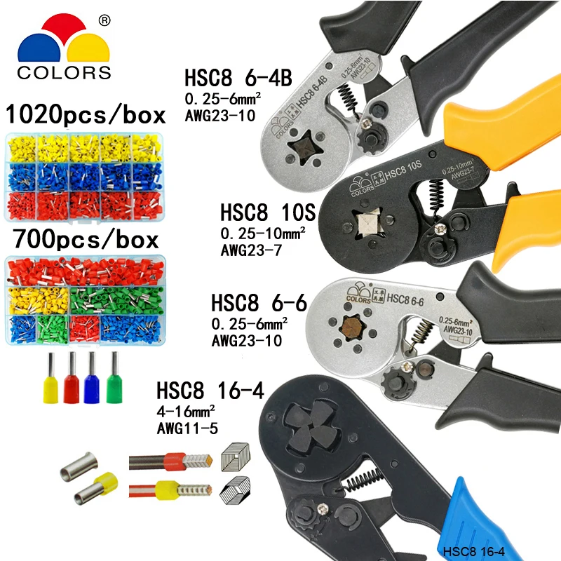 

Crimping tools pliers electrical tubular terminals box mini clamp HSC8 10S 0.25-10mm2 23-7AWG 6-4B/6-6 0.25-6mm2 16-4 tools sets