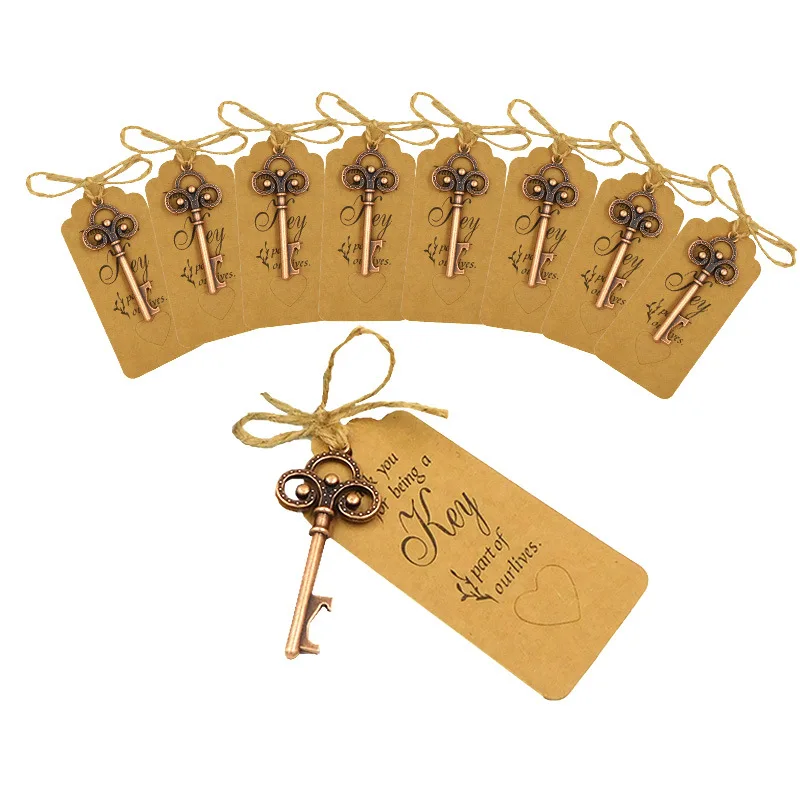 

Wedding Souvenirs Wedding Party Gifts 20pcs / Lot Antique Copper Skeleton Key Beer Bottle Opener with Escort Tags Place Cards