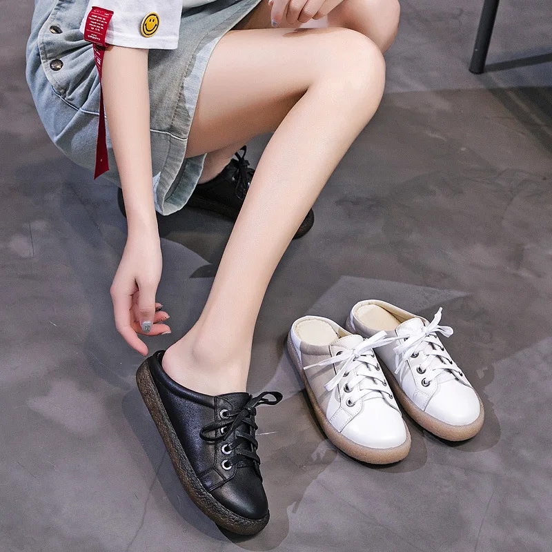

Women Leather Mules White Casual Slippers Lace Up Women Summer Shoes Handmade Genuine Leather Women Outdoor Slipper Low Heels