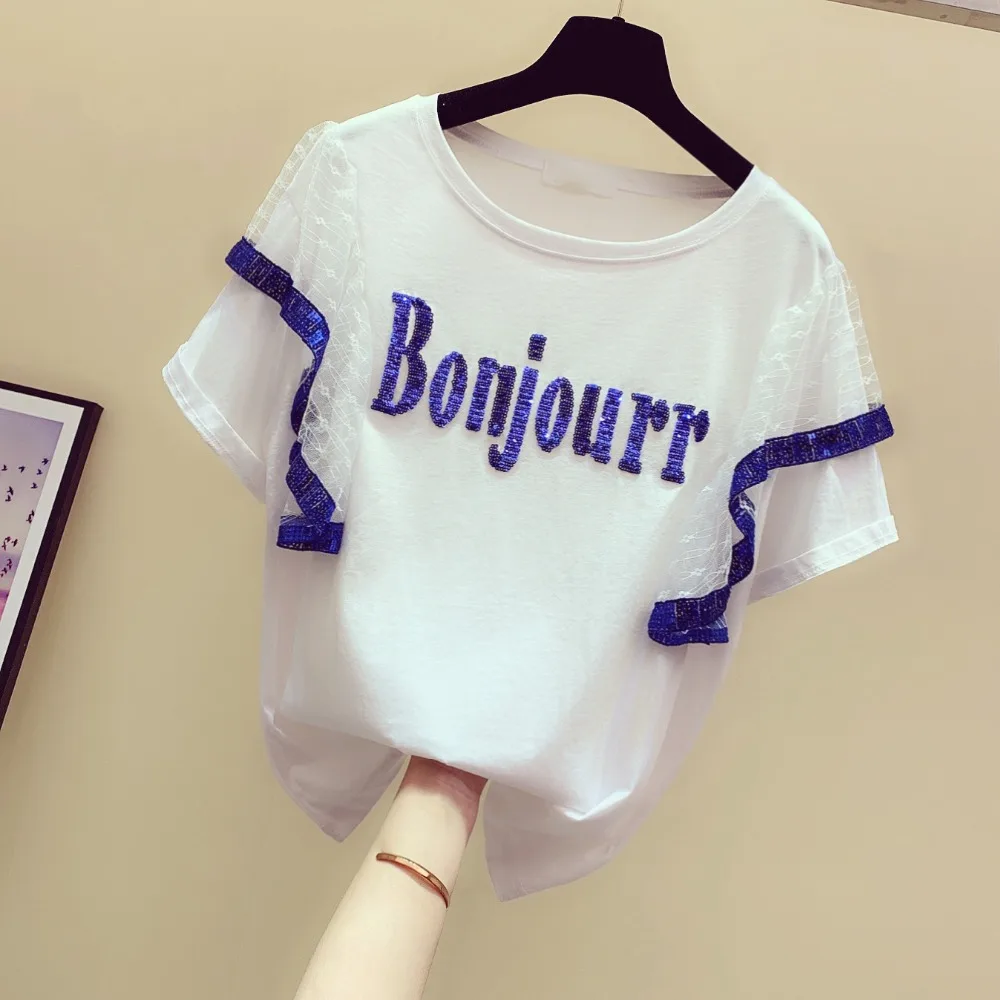 

MUMUZI Women T Shirts Street Fashion ruffles Summer white T Shirt Women 2019 New letters Print Casual Slim Women Tops T-Shirts