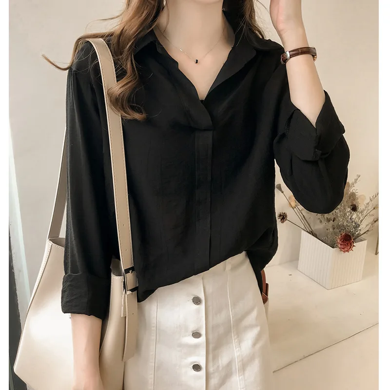 

4XL Black Blouse Long Sleeve Cotton Blouse Women V-neck Women Tops and Blouses Solid Office Ladies Shirt Blouse Blusas Camisa