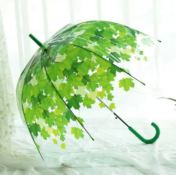 

2016 Creative Fresh PVC Transparent Mushroom Green Leaves Arch Umbrella /Child long umbrella/Rain Umbrella Hot Woman Umbrella