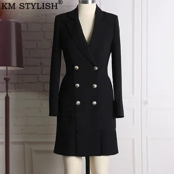 

Europe and America Women's New Classic Double-breasted buckle pleated hem Slim black and white suit dress