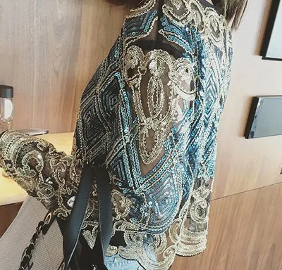 

2019 Luxury Party Clothes Women Handwork Short Blouse New Long Sleeve Golden Sequined Shiny Blouses Beading Woman Clothing