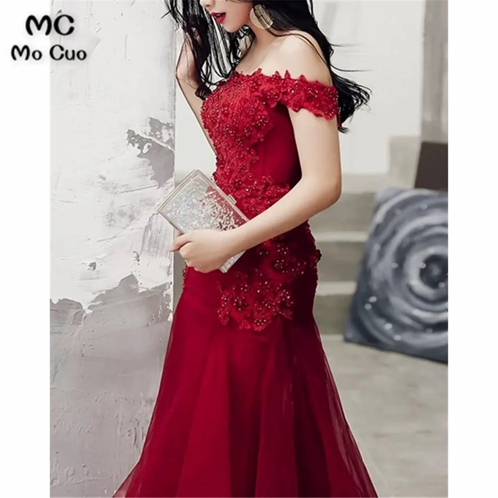 Off Shoulder Tulle Mermaid Evening Dresses Lace Beaded Prom Gown (1)